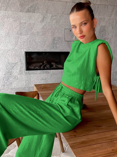 Elena | Zweiteiliges Leinen-Set mit Weitbein-Hose