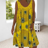 Damen Sommer O-Ausschnitt ärmellosem Druck Kleid in Gelb
