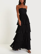 Damen Trägerloses Gerafftes Gestuftes Maxi Anlasskleid – Elegantes Abendkleid in Schwarz