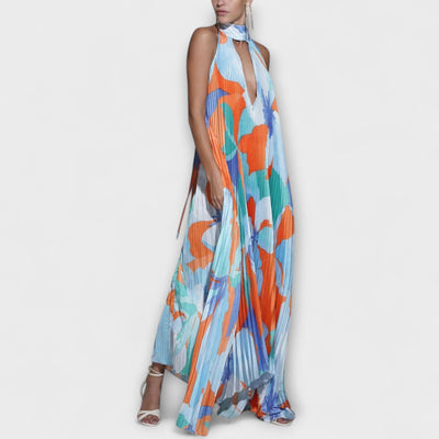 Vida - Schickes Plissiertes Halterneck Rückenfreies Midi-Kleid mit Trägerdesign