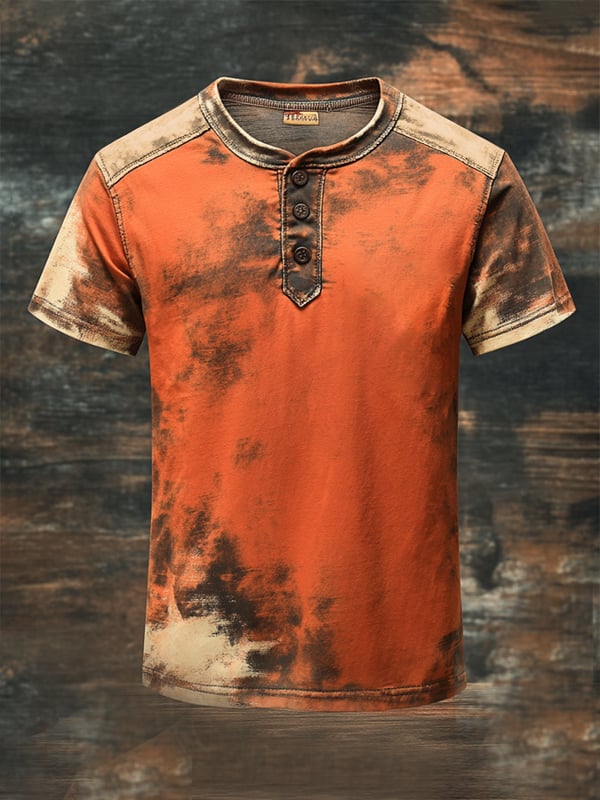 Herren T-Hemdim Vintage Stil Mit Henley Drucken Und Kurzen Ärmeln
