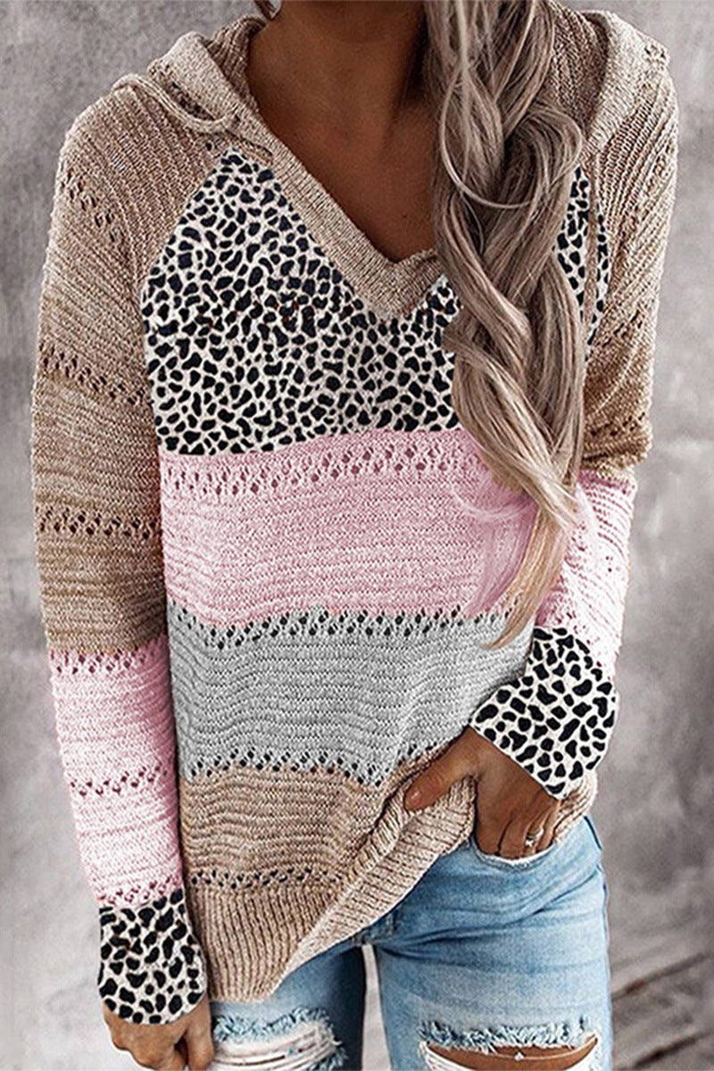 Strickpullover mit Leoparden- und Streifenmuster | Kapuzen-Design | Müheloser Stil