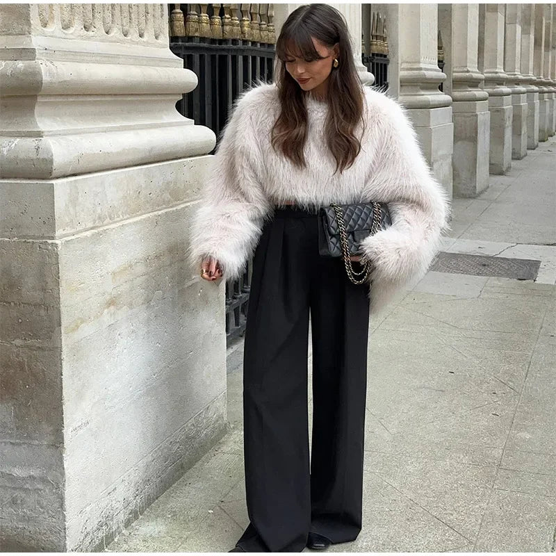 Cropped Kunstfell Pullover mit weiten Ärmeln für Damen