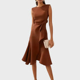 Sheila - Stilvolles Damen-Midikleid mit Rüschendetails in Kaffee