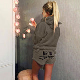 Damen nan kuscheliges zweiteiliges Lounge-Set mit Kapuzenpullover und Shorts mit MEOW-Stickerei Drune in Armeegrün