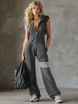 Damen Ärmelloser Langer Jumpsuit - Hoodie Gestreiftes Casual Outfit in Grau