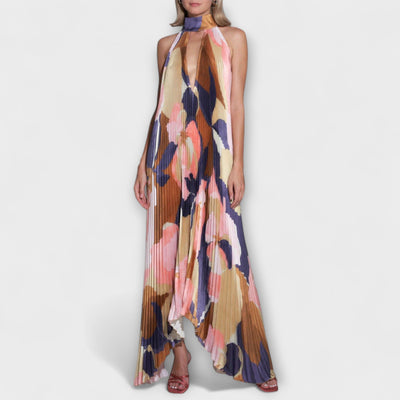 Vida - Schickes Plissiertes Halterneck Rückenfreies Midi-Kleid mit Trägerdesign