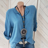 Damen nan leichte Crinkle-Tunika mit halber Knopfleiste, Brusttasche und aufrollbaren Ärmeln Drune in Blau