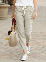 Damen Leichte Sommerhose mit Verstellbarem Bund und Seitlichen Taschen Drune in Grau