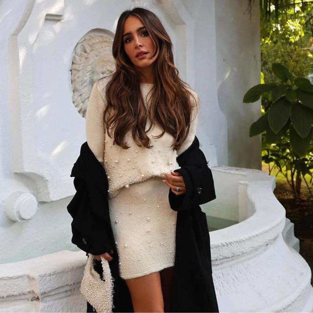 Zweiteiliges Perlenpullover- und Rock-Set | Eleganz und Raffinesse | Femininer Stil