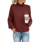 Damen nan Oversize Strickpullover mit Rollkragen, grobem Strukturstrick und Ballonärmeln Drune in Dunkles Weinrot