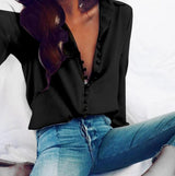 Damen nan seidige V-Bluse mit verdeckter Stoffknopfleiste und legerer Passform Drune in Schwarz