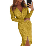 Damen nan glitzerndes Wickel-Midikleid mit V-Ausschnitt langen Ärmeln seitlichem Beinschlitz Drune in Gold