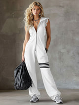 Damen Ärmelloser Langer Jumpsuit - Hoodie Gestreiftes Casual Outfit in Weiß