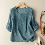 Gretchen - Stilvolle bestickte Bluse mit 3/4-Ärmeln für Damen in Blau