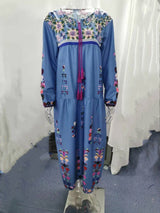 Damen nan besticktes Maxikleid mit langen Ärmeln, Quastenverschluss und folkloristischer Stickerei Drune in Blau
