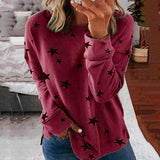 Damen nan locker geschnittenes Sternen-Print Sweatshirt mit Rundhalsausschnitt, verlängertem Rücken und seitlichen Schlitzen Drune in Weinrot