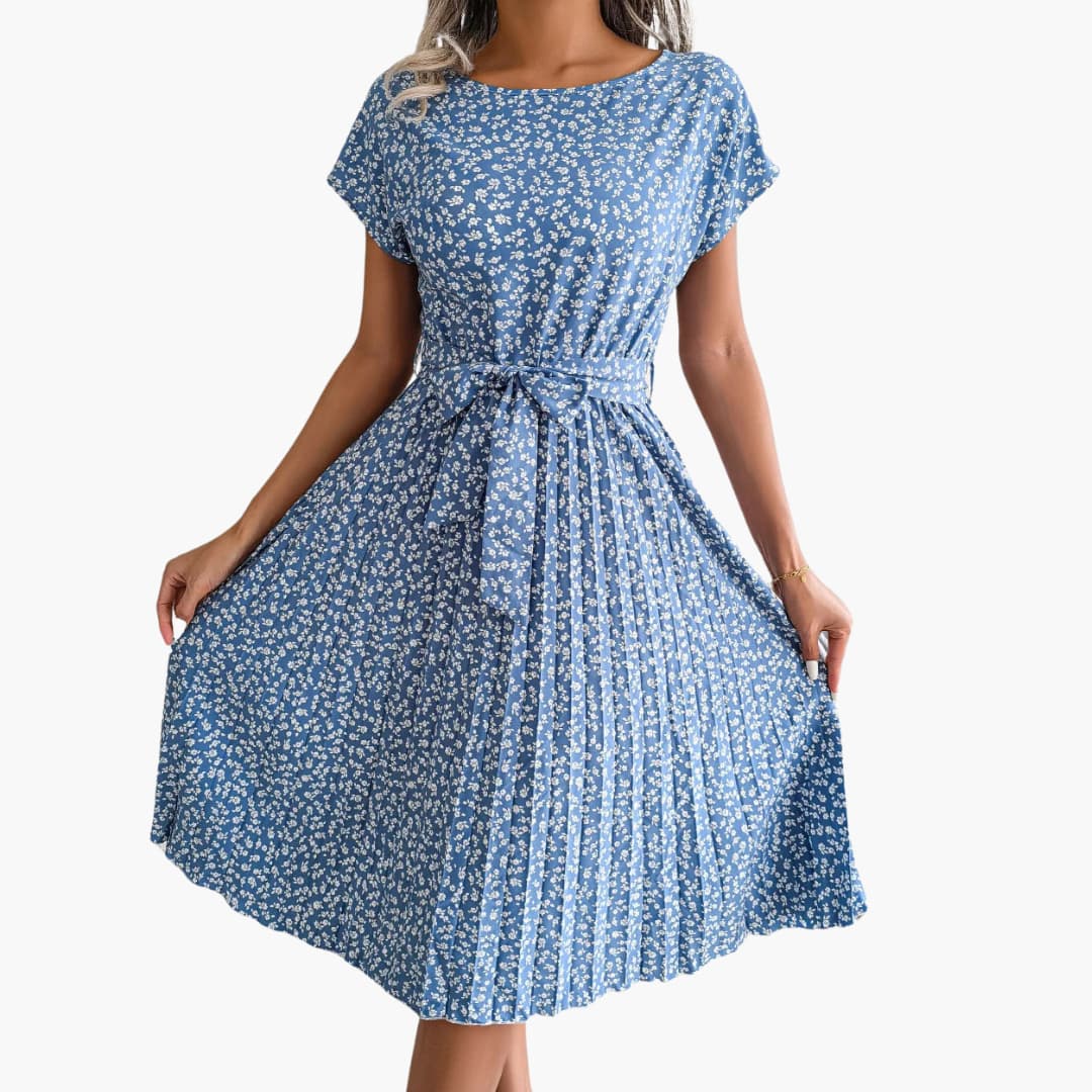 Sommerkleid Damen - Blumenkleid mit Gürtel und Kurzarm