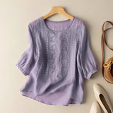Gretchen - Stilvolle bestickte Bluse mit 3/4-Ärmeln für Damen in Lila