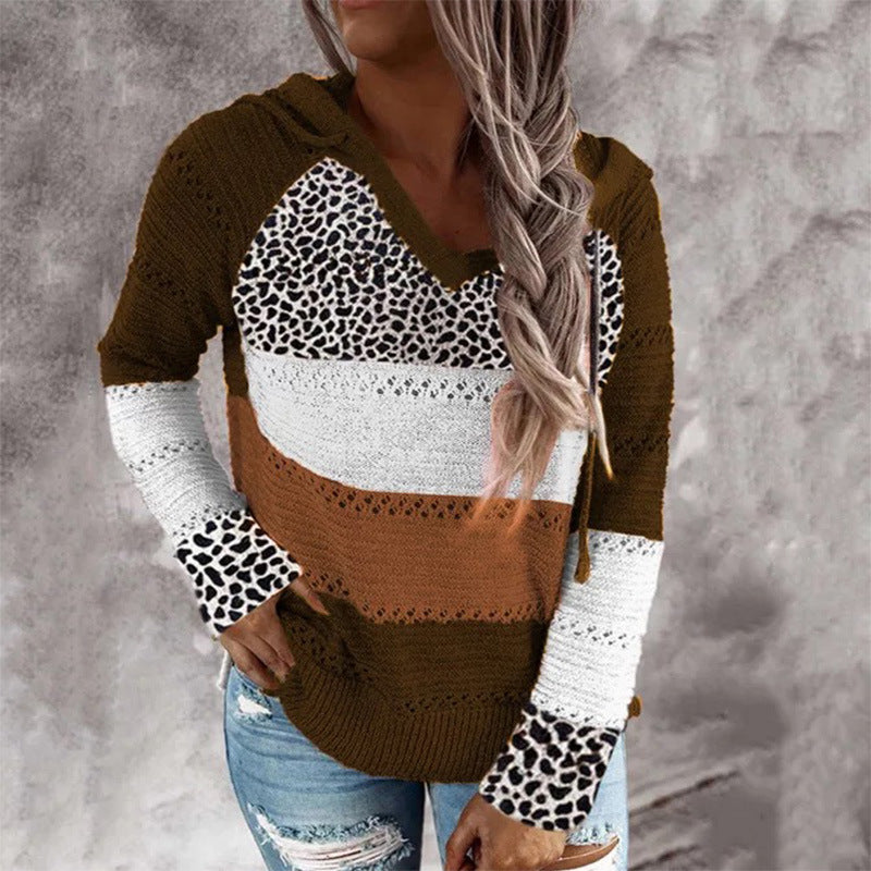 Strickpullover mit Leoparden- und Streifenmuster | Kapuzen-Design | Müheloser Stil