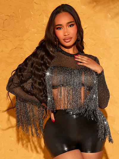 Lena - Elegantes Glitzer-Netz-Top Mit Fransen