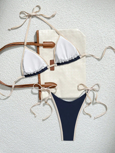 Sexy Triangel-Bikini in Marineblau mit Kontrast-Saum – Minimalistisches 2-teiliges Set zum Schnüren