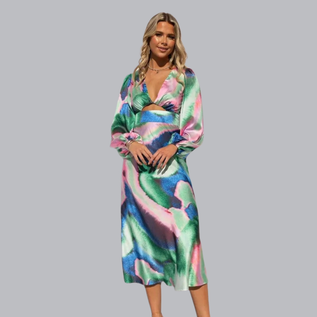 Elaine™ | Satiniertes Midikleid mit Cut-Out und Farbverlauf