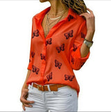 Damen nan lockere Longbluse mit Schmetterlingsprint und Hemdkragen Drune in Rot