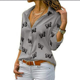 Damen nan lockere Longbluse mit Schmetterlingsprint und Hemdkragen Drune in Grau