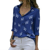 Damen nan lockere Longbluse mit Schmetterlingsprint und Hemdkragen Drune in Blau