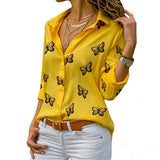 Damen nan lockere Longbluse mit Schmetterlingsprint und Hemdkragen Drune in Gelb