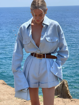 Damen Langarmshirt Und Plissierte Shorts Set – Schickes Sommeroutfit in Blau