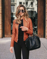 Damen nan schmal geschnittene Lederjacke mit Stehkragen und Zwei-Wege-Reißverschluss Drune in Orange