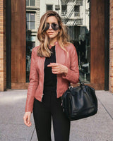 Damen nan schmal geschnittene Lederjacke mit Stehkragen und Zwei-Wege-Reißverschluss Drune in Rosa