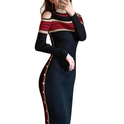Schulterfreies Strick-Midikleid | Modisch und Elegant | Figurbetonter Schnitt