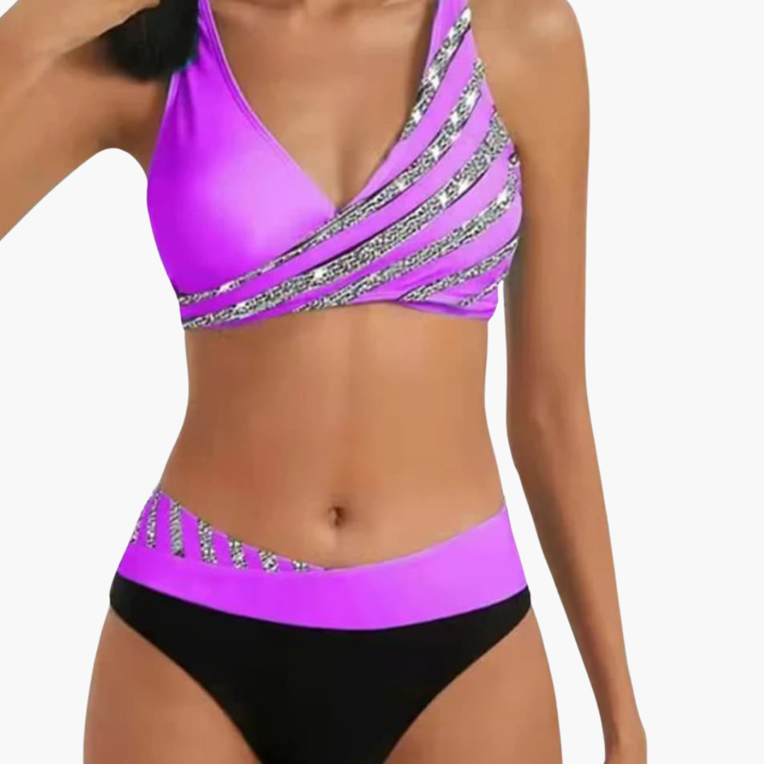 Glitzer Streifen Bikini - mit Damen High-Waist Schnitt