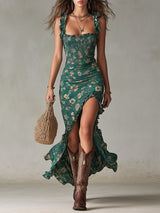 Damen Boho Maxikleid Mit Rüschenärmeln – Sommerkleid Mit Schlitz in Grün