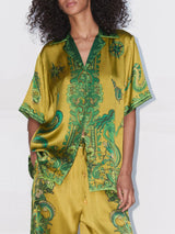 Damen Einzigartige Blumenprint Satin Bluse Mit Knopfleiste Locker – Elegante Bluse in Grün