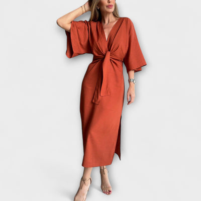 Holly - Lässiges V-Ausschnitt Kleid aus Baumwolle-Leinen mit Schnürung