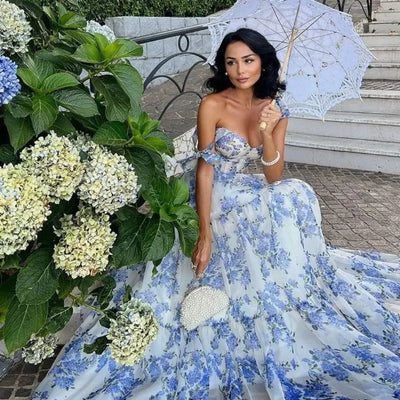 Pelina - Atemberaubendes Trägerloses Blaues Blumen Kleid