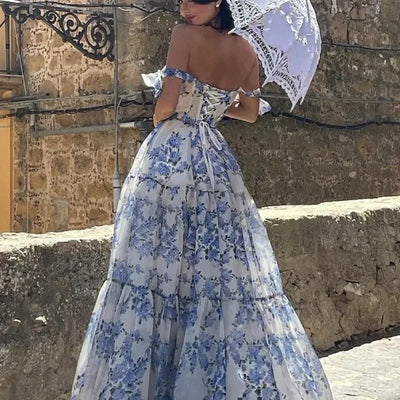 Pelina - Atemberaubendes Trägerloses Blaues Blumen Kleid