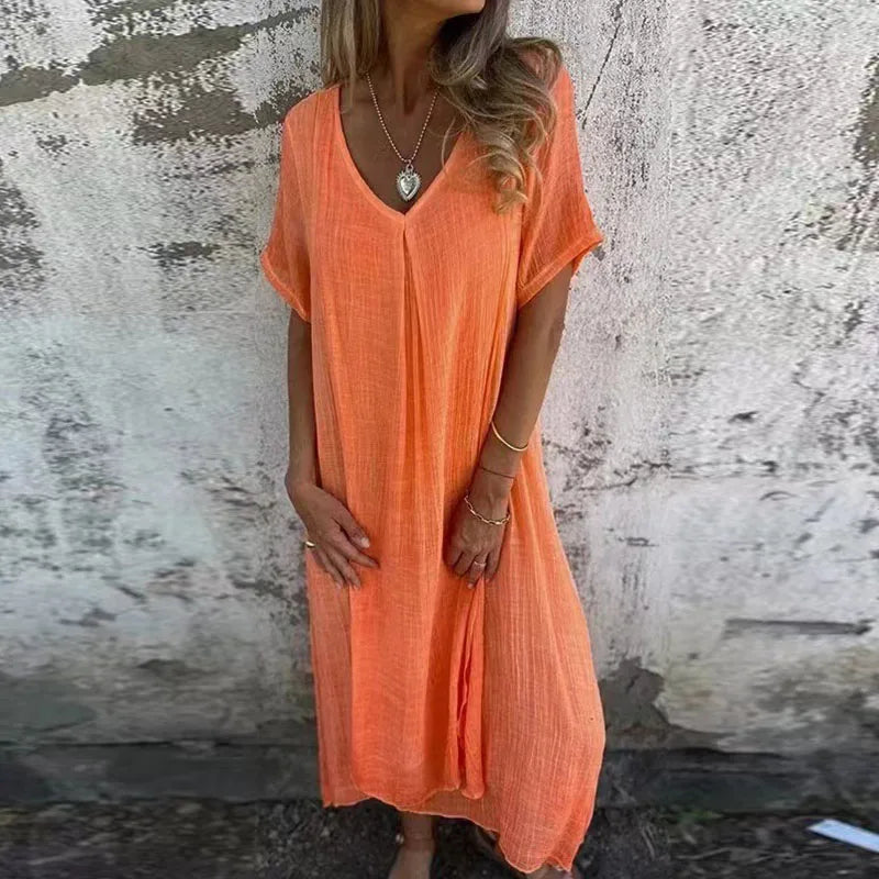 Halbamtliches Kleid aus Leinen mit V-Ausschnitt