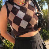 Damen nan ärmellose kurze Strickweste mit Rautenmuster und V-Ausschnitt Drune in Braun Nr.7