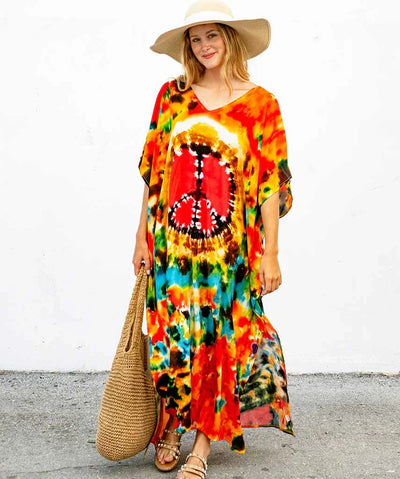 Hippie-Maxikleid mit Peace-Zeichen | Farbenfroh & Boho-Chic | Festival-Look