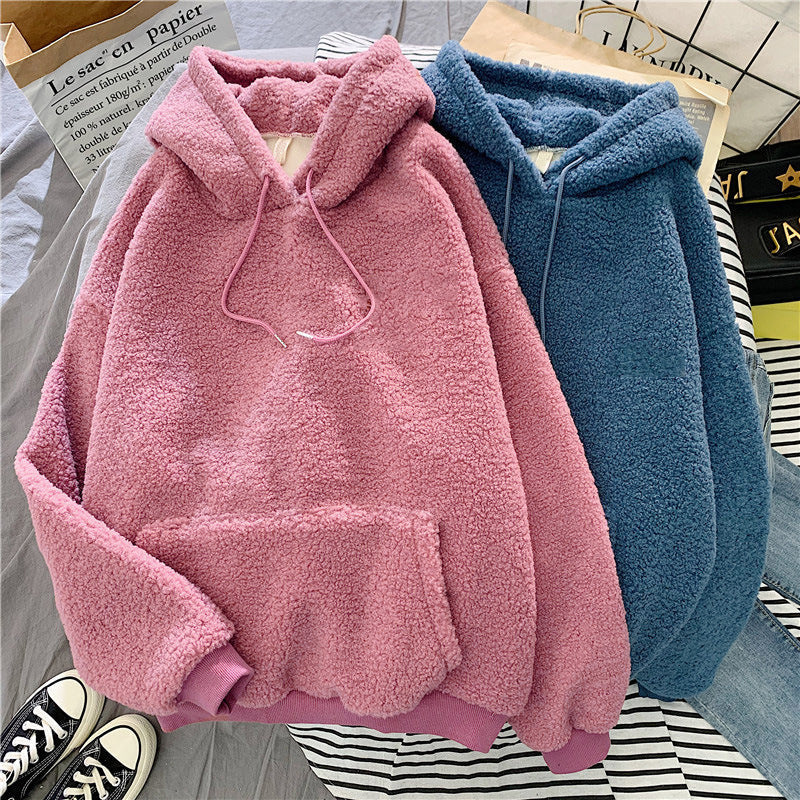 Femme Plüsch-Fleece-Hoodie mit Kängurutasche und verstellbaren Kordeln Heidi-Mode
