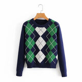 Damen nan Argyle Strickpullover mit Rundhalsausschnitt und geripptem Bund Drune in Dunkelblau-Grün kariert