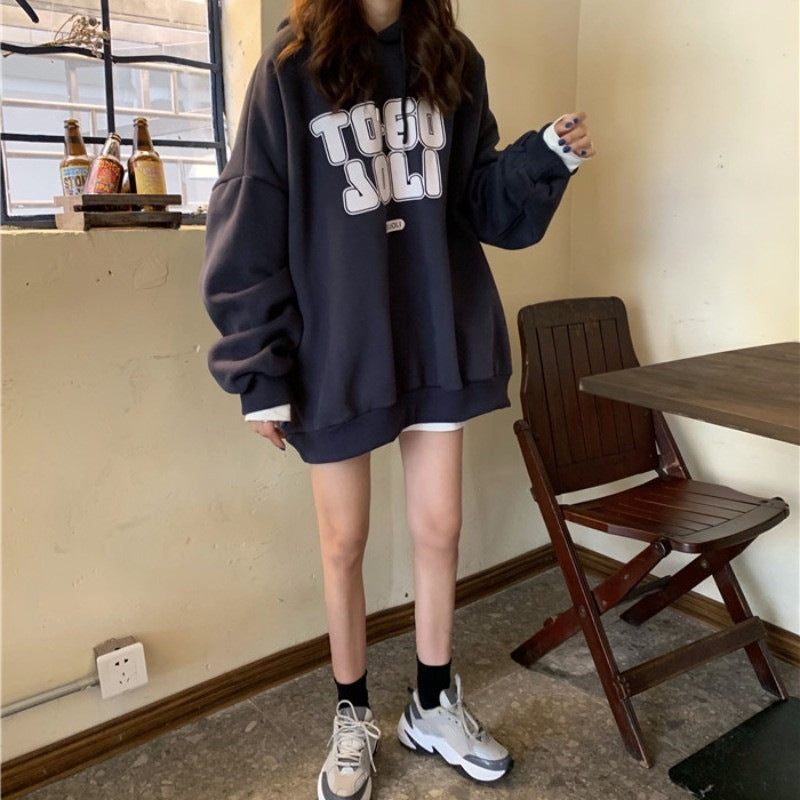 Damen Oversized Grafik Hoodie mit Kordelzugverschluss Heidi-Mode