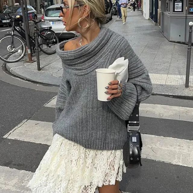 50% RABAT | Sivora™ | Damen Strickpullover mit Asymmetrischem Kragen und Rippenmuster  [Rabat på sidste dag]