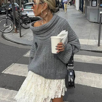 50% RABAT | Sivora™ | Damen Strickpullover mit Asymmetrischem Kragen und Rippenmuster  [Rabat på sidste dag]