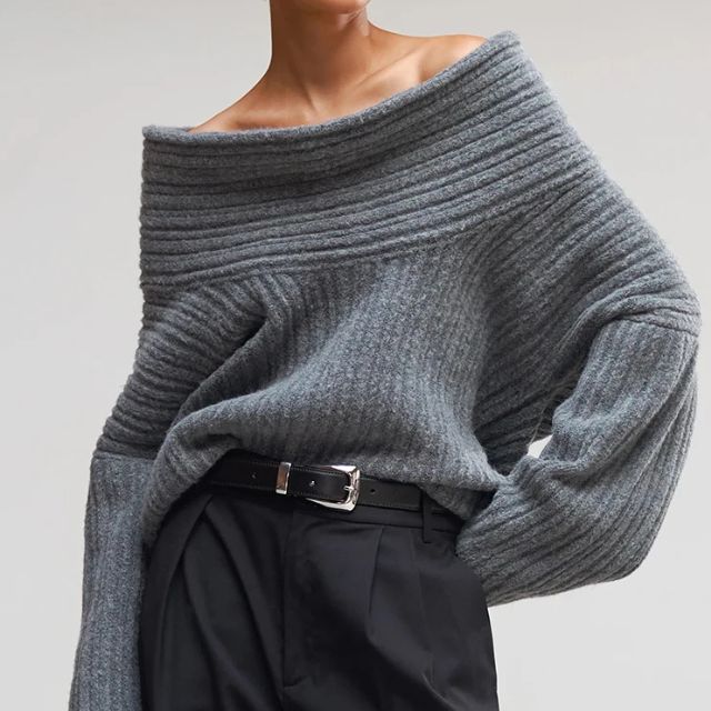 50% RABAT | Sivora™ | Damen Strickpullover mit Asymmetrischem Kragen und Rippenmuster  [Rabat på sidste dag]